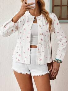 EMERY ROSE Áo khoác denim nữ kiểu dáng thường ngày họa tiết hoa nhỏ li ti cài cúc phía trước - trắng - Xem 7