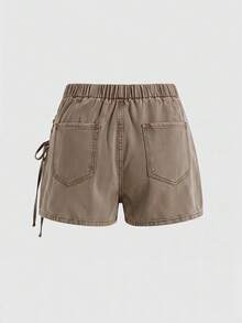 SHEIN MOD Plus Size Casual Washed Criss-Cross Strap Denim Shorts - Coffee Brown - View 2