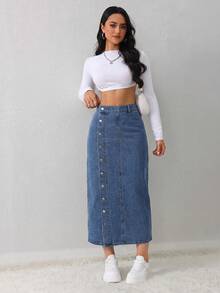 SHEIN PETITE 女款藍色牛仔中長裙 辦公穿搭鉛筆裙 夏季開衩牛仔裙 適合嬌小女性 - 淺色水洗藍 - 查看 7