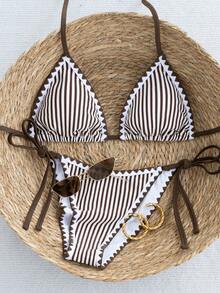 Swim Mod Bộ bikini nữ kẻ sọc xanh dễ thương, buộc dây phía trước, đồ bơi đi biển tươi mát cho kỳ nghỉ hè. - Cà phê nâu - Xem 1