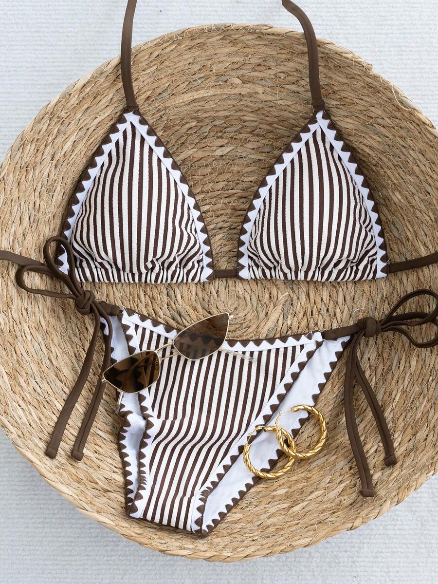 Swim Mod Bộ bikini nữ kẻ sọc xanh dễ thương, buộc dây phía trước, đồ bơi đi biển tươi mát cho kỳ nghỉ hè. - Cà phê nâu - Xem 1