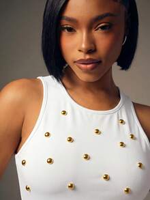 Denimoi Studded Round Neck Fashionable Sleeveless Top - White - View 2