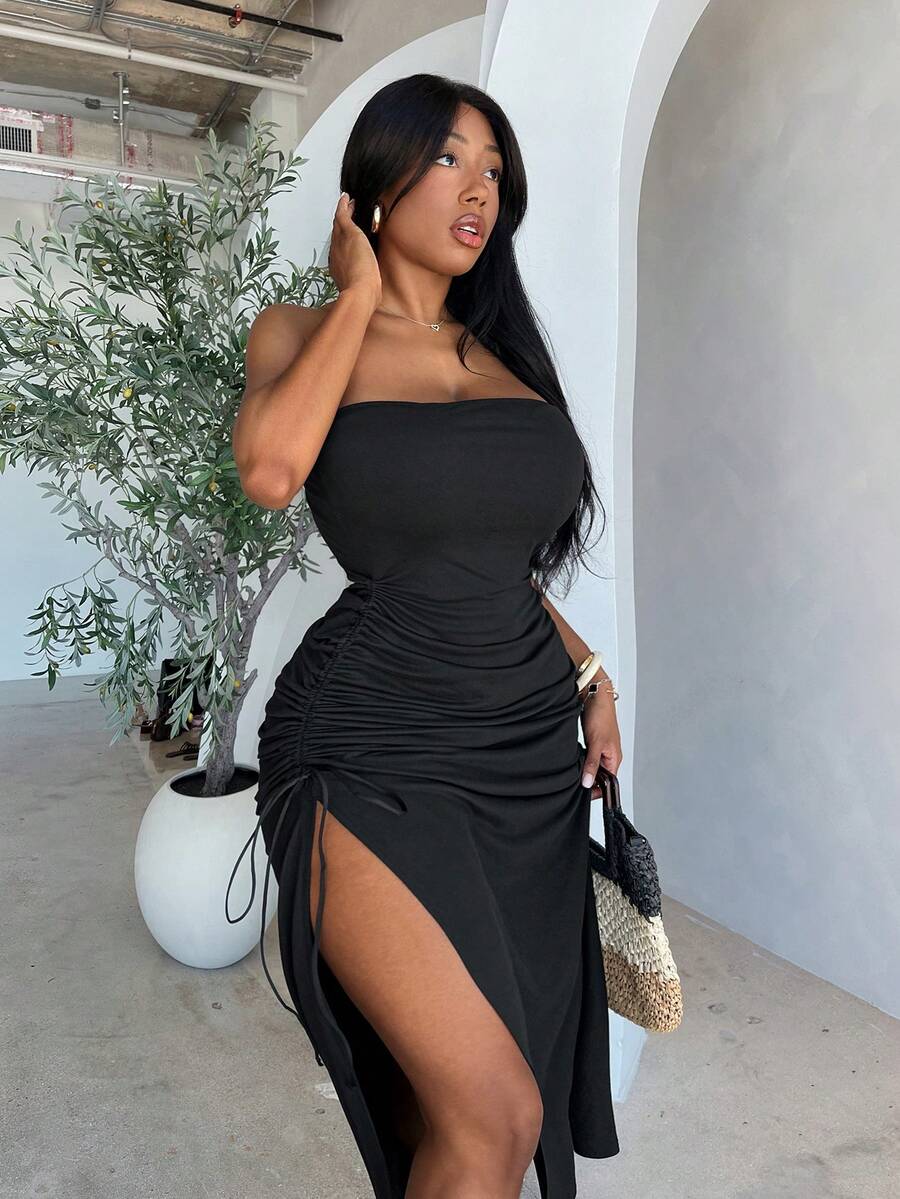 Korevelle Ruched Bandeau Fitted Slit Dress For Women Summer Vacation Black Casual Sexy Party Night Out - Black - View 1
