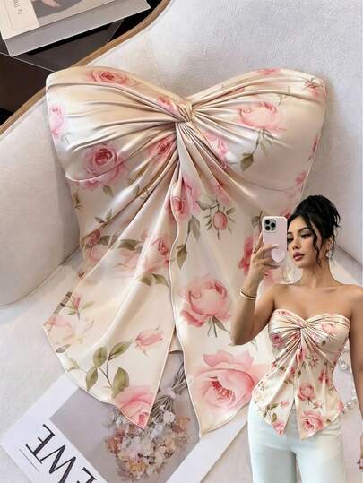 GlowEve Bestselling Pink Rose Satin Knit Twist Waist Sleeveless Tube Top, Elegant Design Suitable For Daily Wear, Vacation, Commute, Valentine's Day Date