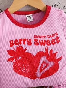 Set 2pcs/Set Kaos Kasual Rajut Warna Polos Kerah Bulat dan Celana Pendek Kotak-kotak untuk Anak Perempuan, - Merah - View 9