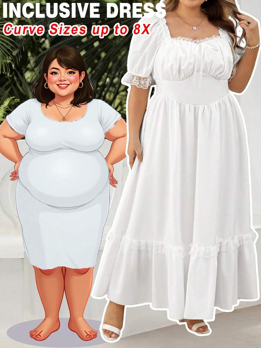 SHEIN CURVE+ Curve Size US22 Music Festival, Seaside Vacation, Bohemia Casual Women's All White Lace Pleated Victorian Retro Long Dress, Party Ball Autumn Fall