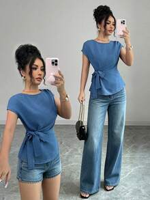 Elenzga Blusa ajustada elegante de mujer con cuello redondo azul, puños con lazo y drapeado, para primavera/verano - Azul - Ver 6