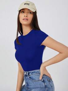 SHEIN BASICS Solid Slim Tee Bodysuit Summer Outfit For Women - Royal Blue - View 7