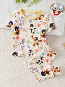 LOONEY TUNES X SHEIN Bộ đồ ngủ bé trai in hình hoạt hình, gồm áo tay ngắn cổ tròn và quần legging. - trắng - Xem 1
