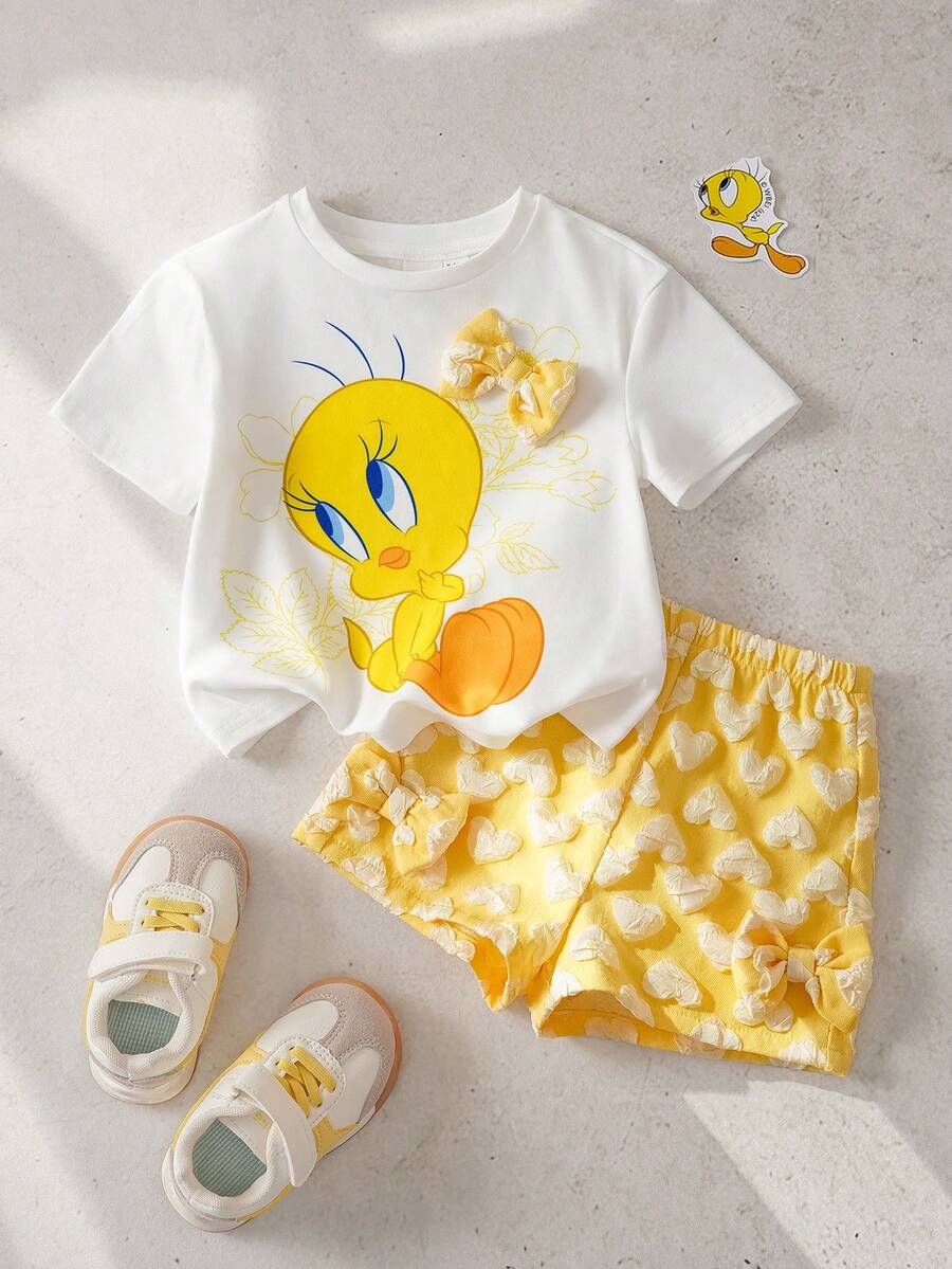LOONEY TUNES X SHEIN 女婴卡通印花圆领短袖T恤和爱心印花短裤套装 - 黃色 - 查看 1
