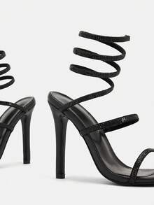 Glitzique Sandalias de tacón fino con rhinestones negros encantadoras para damas, diseño de cordón en la pierna con decoración de rhinestones y punta cuadrada, sandalias de tacón alto fino para primavera y verano - Negro - Ver 10
