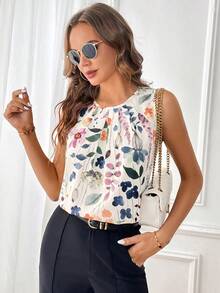 SHEIN Clasi Women's Vacation Plant Pattern Pleated Round Neck Sleeveless Blouse,Summer Top - Multicolor - View 5
