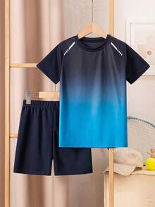 [Random 3 Sets,Send 1 Sets] Tween Boy Light Blue,Summer,Casual,Gym Minimalist Round Neck Short Sleeve T-Shirt And Shorts Set Comfortable Outfits - White - View 4