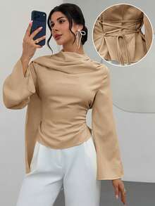 Firerie Áo sơ mi nữ mùa xuân/hè kiểu dáng mới, thích hợp mặc thường ngày, công sở, dạo phố và hẹn hò, thanh lịch với cổ áo choàng. - Màu Khaki - Xem 1