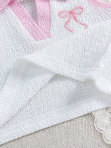 SHEIN Playful Pals Bộ 2 món đồ gia đình đồng bộ cho bé gái mùa hè màu hồng và trắng, áo vest không tay cổ bẻ thêu nơ dễ thương phối cùng chân váy quần short lưng thun - trắng - Xem 8