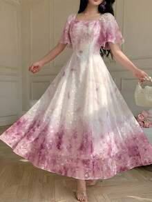 Modelyn Vestido de Primavera & Verano Elegante y de Moda con Cuello Cuadrado, Manga Corta, Cintura Definida, Estampado y Vuelo - Rosa - Ver 6