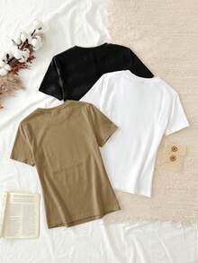 Set Of 3 Slim-Fit Long-Sleeved T-Shirts With Round Neck, 95% Cotton, Minimalist And Casual Style For Women - 多色 3 - 查看 2