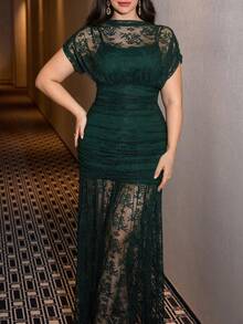 Modelyn Elegant Olive Green Lace Ruffle Dress, High-End Fashion Evening Gown For Plus Size Women - Dark Green - View 4