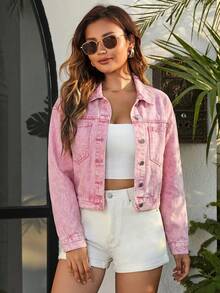 EMERY ROSE Áo khoác denim dài tay màu trơn, có túi vá phía trước và cài nút, kiểu dáng thường ngày. - Hồng - Xem 4