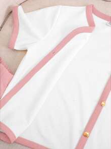 SHEIN 2件組 青少年女孩對比色V領短袖上衣與休閒長褲套裝 - 粉色 - 查看 3