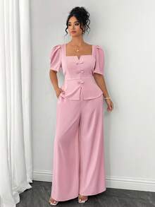 Elenzga Plus Size Women's Elegant Blush Pink Two Pieces Set,Chinese Style Bow Decor Puff Sleeve Top & Pants,Formal Summer Tea Party Outfit For Wedding Prom - Pink - View 8