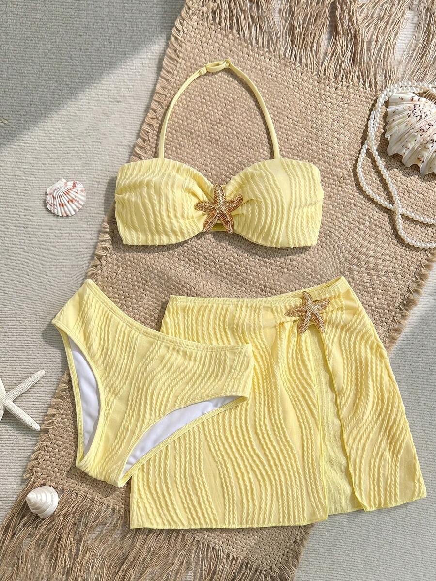 SHEIN 3pcs Tween Girls Solid Yellow Textured Knit Swimwear Set, Starfish Button Adorable Swimwear Set For Beach, Holiday, Vacation - Yellow - View 1