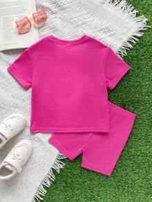 SHEIN Bộ đồ mặc nhà thoải mái cho bé gái, gồm áo cổ tròn và quần legging màu hồng, in chữ "Mommy's Baby" (Con yêu của mẹ). - Màu Hồng Tươi - Xem 4