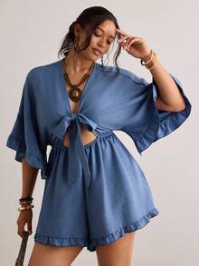 Freevana Plus Size Holiday Solid Color Batwing Sleeve, Ruffle Hem, Tie Waist Jumpsuit - Blue - View 6