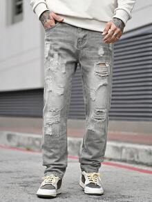 Devon Thys Men's Outdoor Casual Straight Leg Distressed Blue Jeans, Autumn/Winter - Grey - View 6
