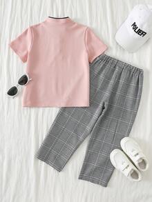 SHEIN Bộ 2 món áo polo hồng và quần short kẻ caro cho bé trai, trang phục thường ngày. - Nhiều màu - Xem 2