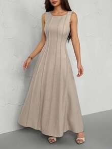 SHEIN PETITE Đầm dài bằng vải lanh mới cho nữ, đầm chữ A xẻ tà xếp ly, đầm dài thanh lịch, đầm hè cho nữ mặc đi nghỉ mát, đầm dài suông giả vải lanh, trang phục công sở thường ngày cho nữ, quần áo mùa thu dự tiệc hè cho nữ - Màu be - Xem 4