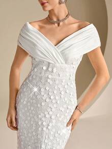Coutiva Elegantes Abendkleid mit Satin-Einsätzen und Pailletten-Saum, gerader Schnitt, perfekt für Geburtstagsparty, Abschlussfeier, Schulanfang & Musikfestivals - Weiss - Übersicht 3