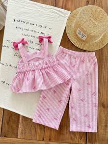 SHEIN LMoss Kids LMoss 女婴夏季可爱条纹吊带背心和松紧腰裤两件套 - 粉色 - 查看 2