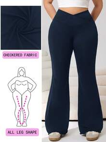 Solflare Pantalones acampanados de talla grande con cintura elástica en V de unicolor - Azul Marino - Ver 1