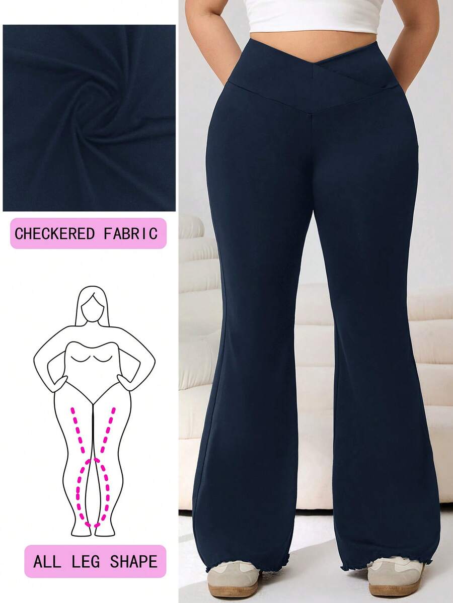 Solflare Pantalones acampanados de talla grande con cintura elástica en V de unicolor - Azul Marino - Ver 1