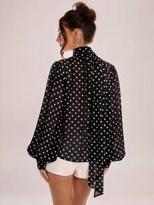 Avenya Vintage Polka Dot Ruched Long Sleeve Chiffon Blouse - Multicolor - View 4