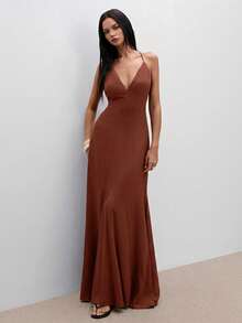 ATUI Studio Vestido elegante de tirantes finos para mujer, adecuado para uso diario en verano - Marrón - Ver 4