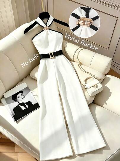 SHEIN Franclia Bộ áo liền quần nữ thanh lịch màu đen trắng phối khóa kim loại, thích hợp cho công sở.