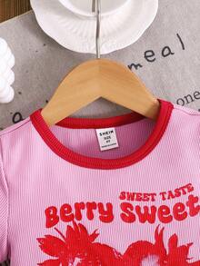 Set 2pcs/Set Kaos Kasual Rajut Warna Polos Kerah Bulat dan Celana Pendek Kotak-kotak untuk Anak Perempuan, - Merah - View 3