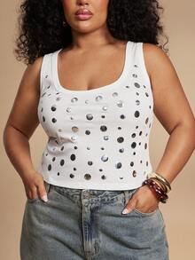 SHEIN BAE Plus Size Women's White Summer Night Rave Ribbed Tank Top,Sleeveless Square Neck Camisole With Silver Stud Rivet Details,Fashionable Chic Streetwear - White - View 8