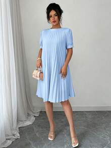 Elenzga Gaun Mini Wanita Elegan Romantis Longgar Warna Polos dengan Lengan Berlipat dan Motif Kelopak Bunga, Serbaguna untuk Musim Semi/Panas - Baby Blue - View 6