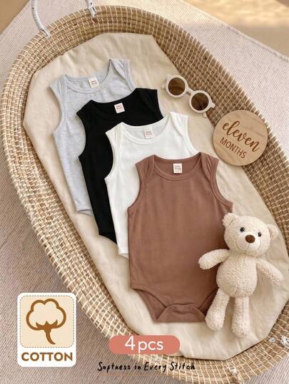 Cozy Pixies Set de 4 piezas Enterizo de punto de unicolor y estilo casual, adecuado para el verano, unisex para bebé niño y bebé niña