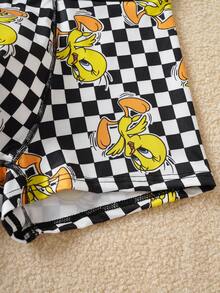 LOONEY TUNES X SHEIN 经典棋盘格黄色小鸟卡通印花男士三角裤，亲肤平角内裤 - 黑與白 - 查看 4