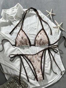 Swim Vcay 2-Piece Set Spring/Summer Vacation Gradient Sequin Textured Fabric Halter Triangle Bikini Top And Side Tie Bikini Bottom Sexy Women's Swimwear - Multicolor - View 1