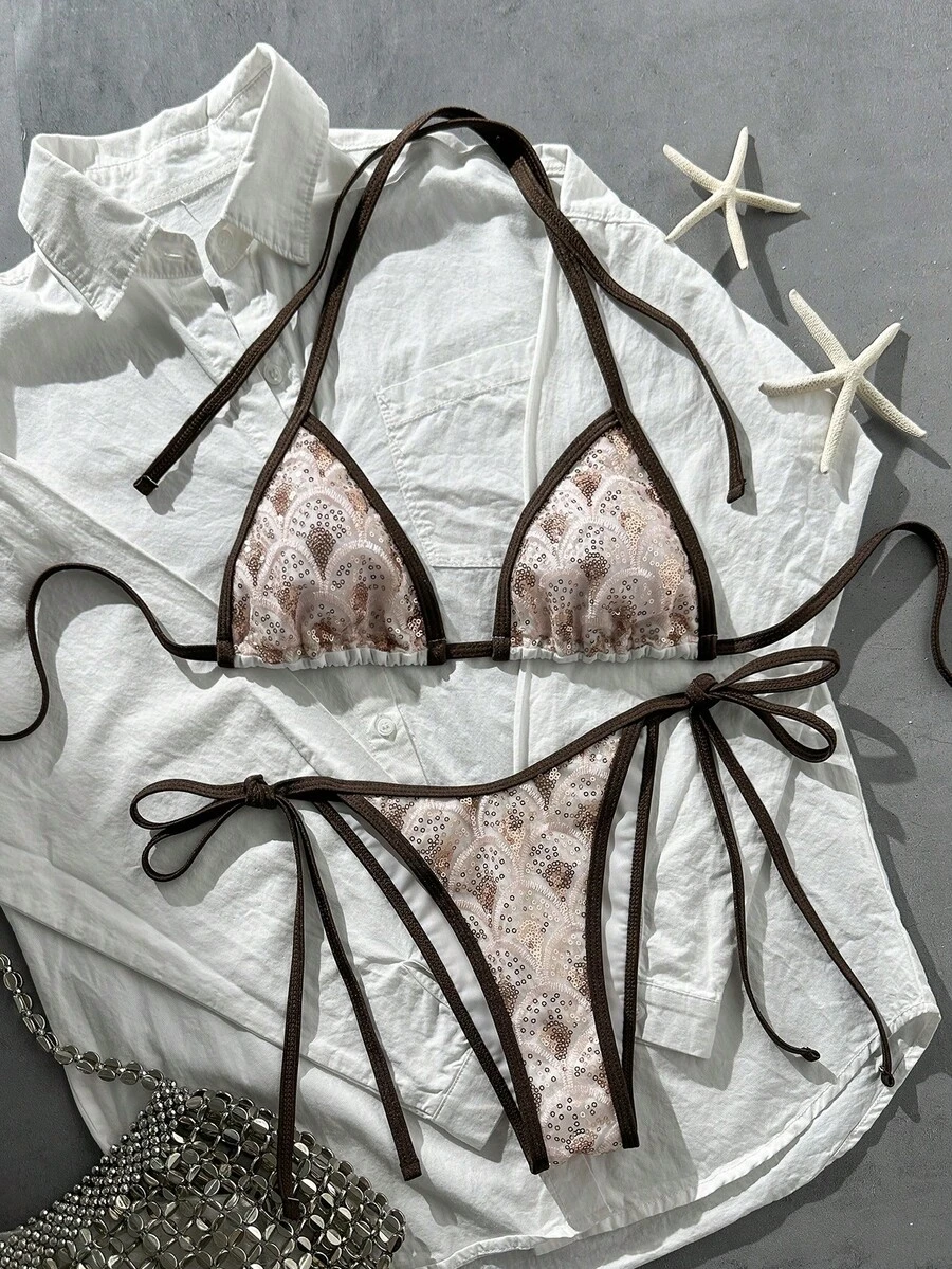 Swim Vcay 2-Piece Set Spring/Summer Vacation Gradient Sequin Textured Fabric Halter Triangle Bikini Top And Side Tie Bikini Bottom Sexy Women's Swimwear - Multicolor - View 1