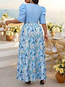 Fleurora Summer Elegant Blue And White Tea Party Floral Print Patchwork Dress,Women Plus Size Round Neck Flared Leg-Of-Mutton Sleeve Belted Office Work Dress - Blue - View 2