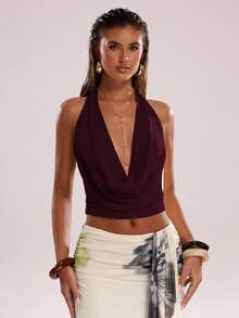 SHEIN BAE Women's Solid Color Plunging Draped Neck Halter Top,Summer Top - Maroon - View 7