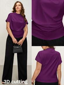 Comfylo 3D Pleated Solid Color Plus Size Short Sleeve Top - Purple - View 1