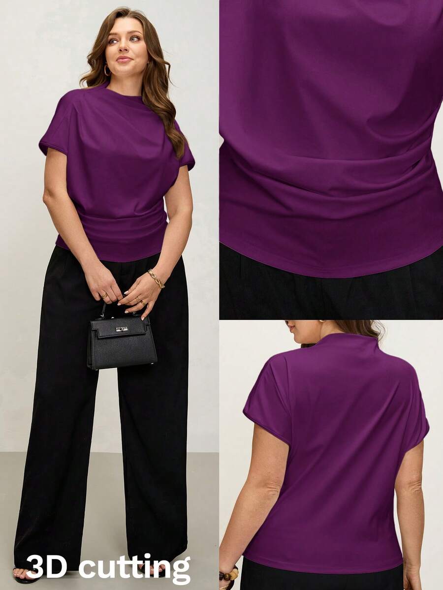 Comfylo 3D Pleated Solid Color Plus Size Short Sleeve Top - Purple - View 1