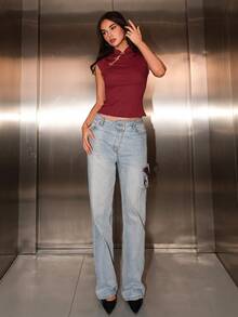 Bris Aura Women's Metal Buckle Design Mandarin Collar Fitted Elegant T-Shirt Casual Summer - Burgundy - View 3